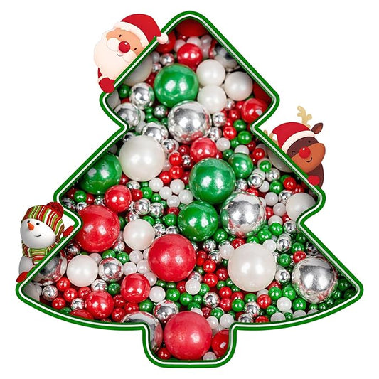 Christmas Sprinkles Pearls for Cake Decorating,130g Red Green White and Silver Pearl Mixed,Edible Sugar Holiday sprinkle for Cupcake Toppers, Cookie, Ice Cream Decorations Christmas Party