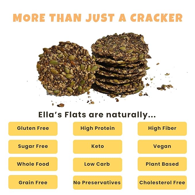 ELLA’S FLATS® Everything All Seed Savory Crisps – All Natural, Gluten Free, Good Source of Protein, High Fiber, Vegan and Keto Friendly (3 Pack)
