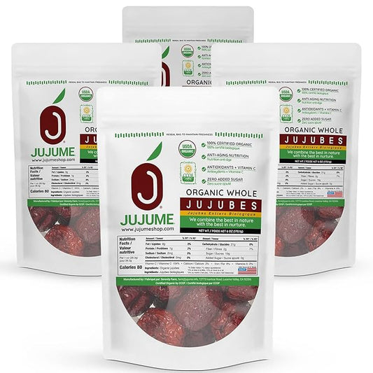 JUJUME | USDA Organic California Grown Jujubes Red Dates | Individually Sorted 3X for QA | High Grade Superfood | Healthy Dried Fruit | Certified All-Natural Non-GMO | 4-pack 6 oz bags