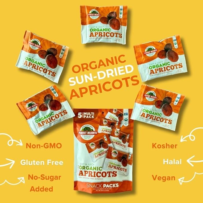 Perfect Delights Organic Snack Pack Apricot, Sun-Dried Turkish Apricots, On-the-Go Vegan, Healthy Snack, Easy-to-Carry Dried Apricots, Perfect for Kids & Adults 5 Pack (1.76 oz each)