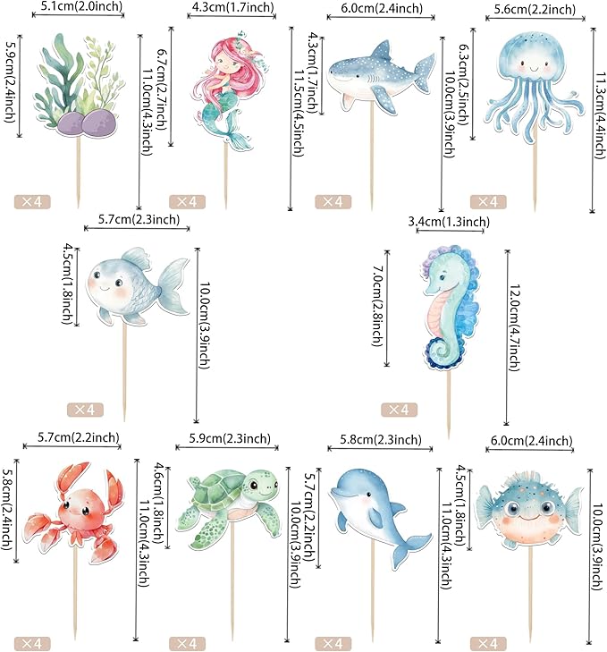 40 Pack Marine Animal Cupcake Toppers Glitter Starfish Hippocampus Seaweed Ocean Sea Animal Creature Marine Cupcake Picks Kids Birthday Baby Shower Summer Cake Decorations Style 2