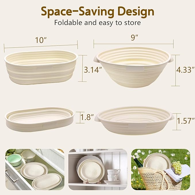 Aliggbent Silicone Banneton Bread Proofing Baskets, 10'' Oval ï¼?9'' Round Foldable Sourdough Bread Baking Supplies 18Pcs Sourdough Starter Kit Easy-to-Clean Proofing Baskets for Sourdough Bread Baking