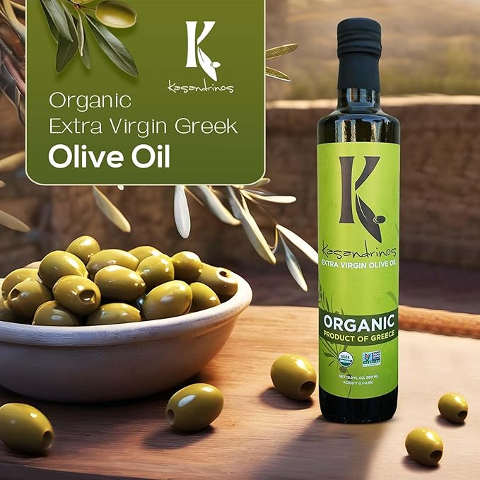 Kasandrinos Organic Olive Oil Extra Virgin, Polyphenol Rich Greek Olive Oil, 100% Organic First Cold Pressed, Mild + Delicate Flavor, Verified by Non GMO, 500 ml / 16.9 oz