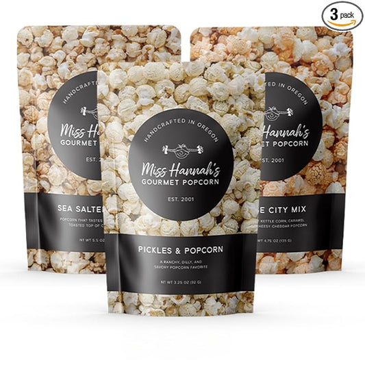 Miss Hannah's Gourmet Popcorn Starter Pack - Sea Salted Brulee, Bridge City Mix, Pickles & Popcorn - Non-GMO, Sweet & Savory Snack Box for Gifting or Sharing - 3 Pack Artisan Popcorn Gift Set