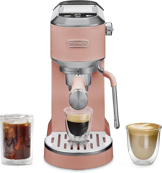 De'Longhi Dedica Duo Compact Espresso Machine - Cold Brew Coffee Maker with Milk Frother Wand- for Espresso, Hot & Iced Coffee, Cappuccinos, Lattes & Home Barista Brewing, Ros챕 Pink