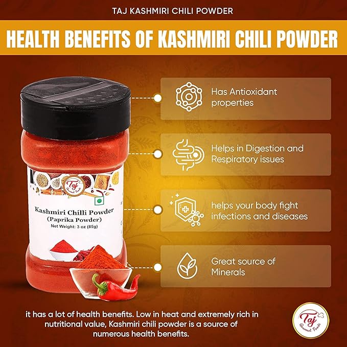 TAJ Premium Indian Kashmiri Chilly Powder, (Deggi Mirch, Lal Mirch), Mild Hot (3-Ounce)
