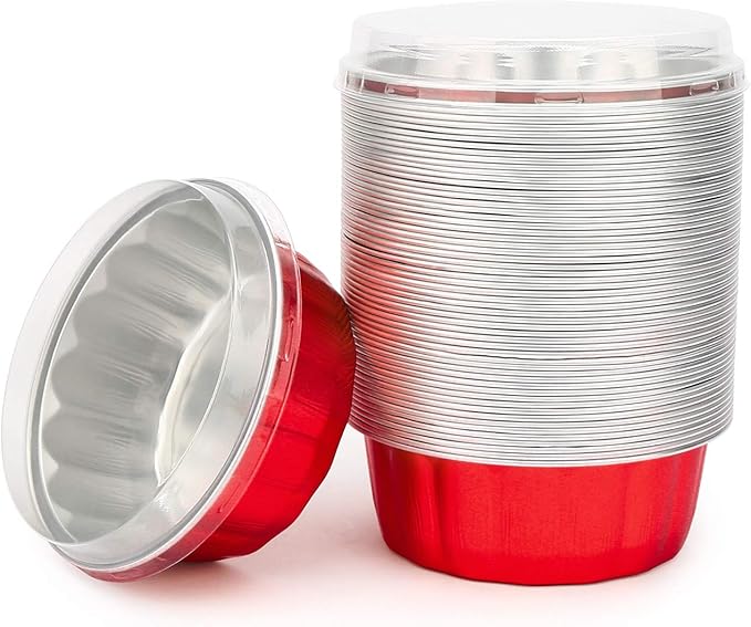 Beasea 8 oz Disposable Ramekins with Lids, 50 Pack Aluminum Foil Cups for Party Wedding Birthday - Red