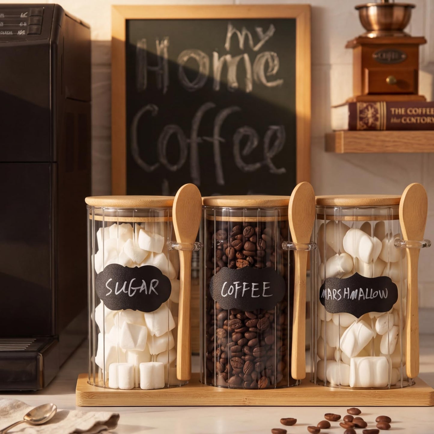 Yiyiring Set of 3 Glass Coffee Container with Bamboo Lids Spoons Labels 25 oz Clear Airtight Jar