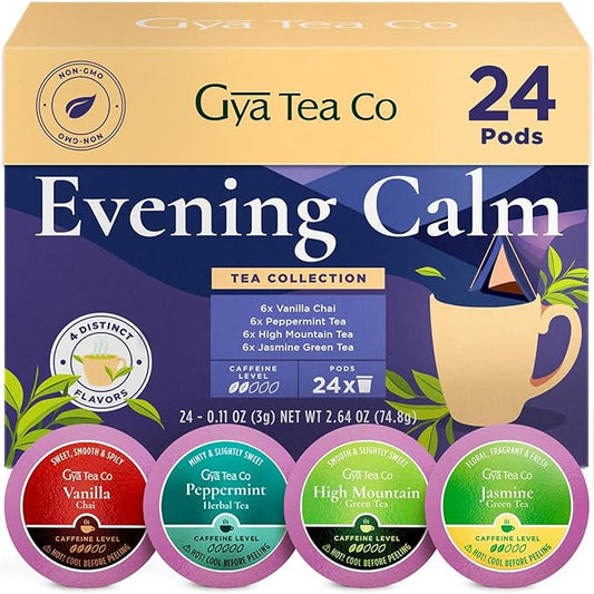 Gya Tea Co Evening Calm Tea Gift Set (24 ct) - Assorted Tea Pod Variety Pack with Vanilla Chai, Peppermint, High Mountain, Jasmine Green 4 Flavors for Night Rest, Digestion & Relaxation