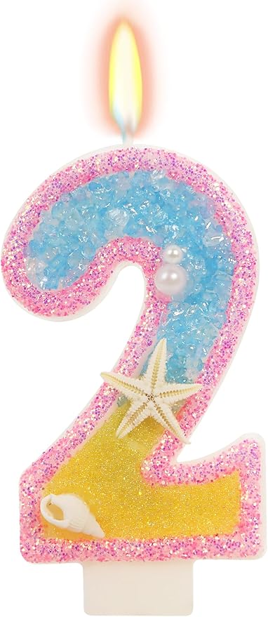 2nd Birthday Candle for Cake, Pink Beach Starfish Sequins Number Cake Candles, 2.76 inch Pink Cake Topper Decoration for Birthday Party (Number 2)