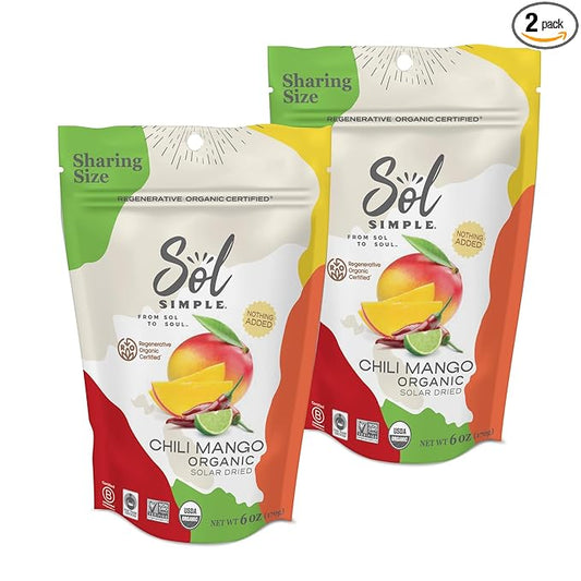 SOL SIMPLE Regenerative Organic Certified ® | Dried Chili Mango | Three Ingredients | Vegan | Non-GMO | No Added Sugar | Fair Trade | Dried Fruit | No Sugar Added | Organic