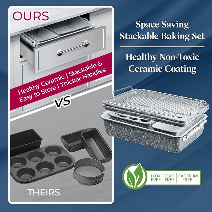 Bakken 8-Piece Stackable Bakeware Set - Ceramic Non-Stick Coating, Baking Sheets, Assorted Baking Pans, PTFE, PFOA & PFOS Free - Healthy Baking, Ergonomic Handles, Cooling Rack, Non-Toxic, Oven-Safe