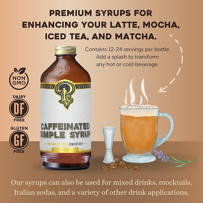 Portland Syrups - Caffeinated Simple Syrup - Premium Beverage Concentrate for a Boost of Clean Energy - Add to Soda, Cocktails, Tea, Coffee Drinks, and More - 12 oz with 24 Servings (Pack of 1)