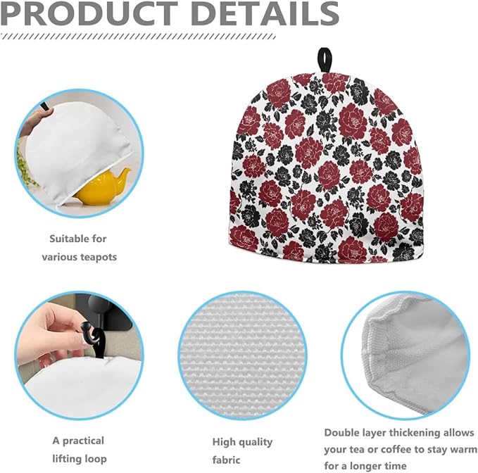 Rose Print Tea Cozy for Teapot Kettle Dust Cover Large Tea Cosy Insulation and Keep Warm Portable Easy to Clean Kettle Protective Suitable for Kitchens Hotels or Cafes