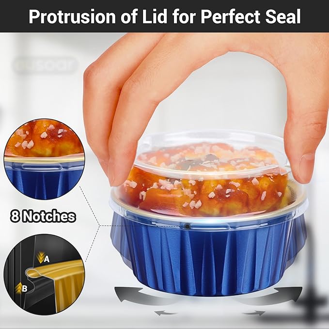 EUSOAR Disposable Ramekins with Lids, Royal Blue 50pcs 5oz Creme Brulee Ramekins Disposable, Muffin Liners Cups，Mini Cheesecake Foil Pans Dessert Containers with Lids for Party Favor Birthday