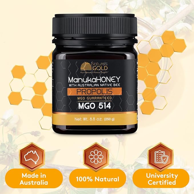 Nature’s Gold Raw Manuka Honey with Australian Native Bee Propolis, MGO 514+ | 8.8oz (250g), 100% Pure Genuine Traceable Hive to Home