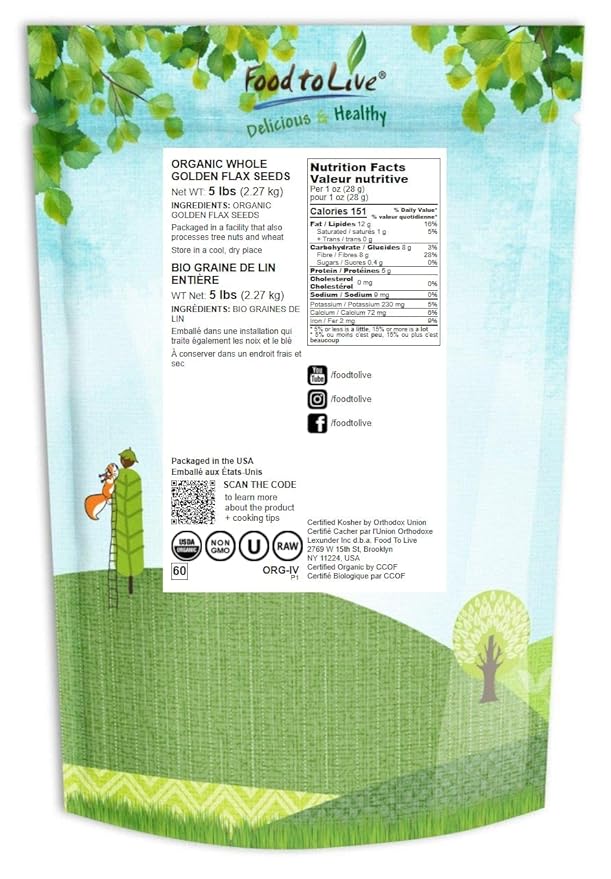 Food to Live Organic Golden Flax Seeds, 5 Pounds ??Whole Raw, Non-GMO, Kosher, Vegan, Bulk. Rich in Omega-3 Fatty Acids, Protein, Dietary Fiber. Great for Smoothies, Salads, Granola, & Baked Goods.