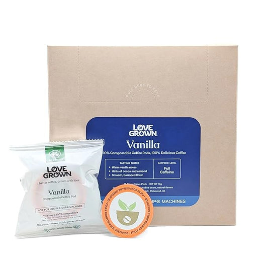 Love Grown Compostable Coffee Pods - Compatible with Single-Serve Brewing Machines - 100% Arabica Beans, Plastic-Free, Gluten-Free, Non-GMO - Vanilla, Box of 15