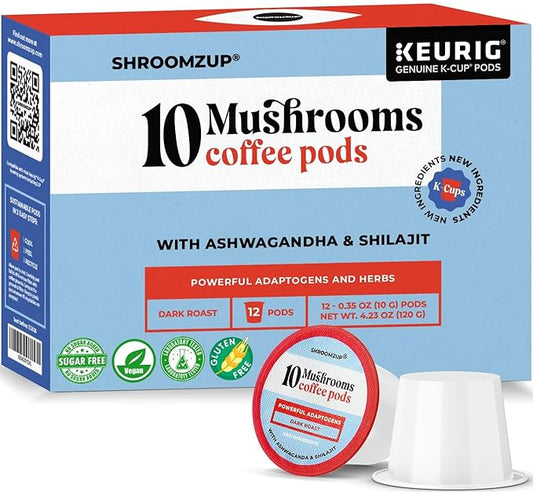 Shroomzup Mushroom Coffee K Cups 12 Pods - 10 Mushroom Coffee with Ashwagandha and Shilajit - Dark Roast Single Serve K-Cup Pods