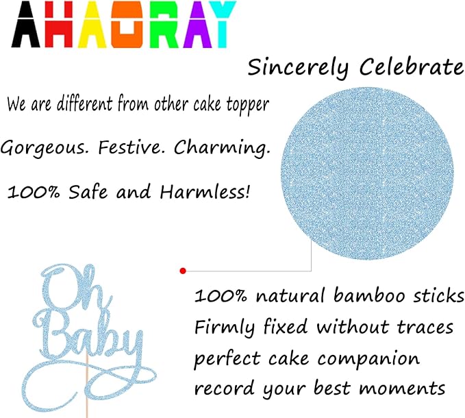 Oh Baby Cake Topper - Light Blue Glitter Baby Birthday Party Cake Decoration Supplies, for Baby Shower/Gender Reveal Party Photo Booth Props