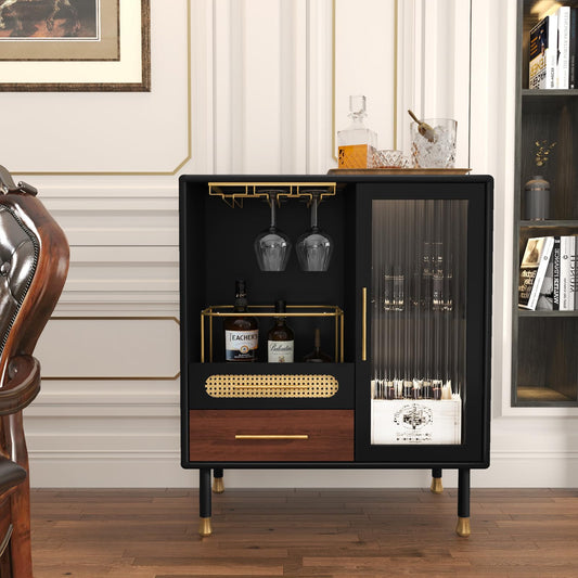 ARTPOWER Modern Coffee Bar Cabinet with Pull-Out Wine Storage, Black