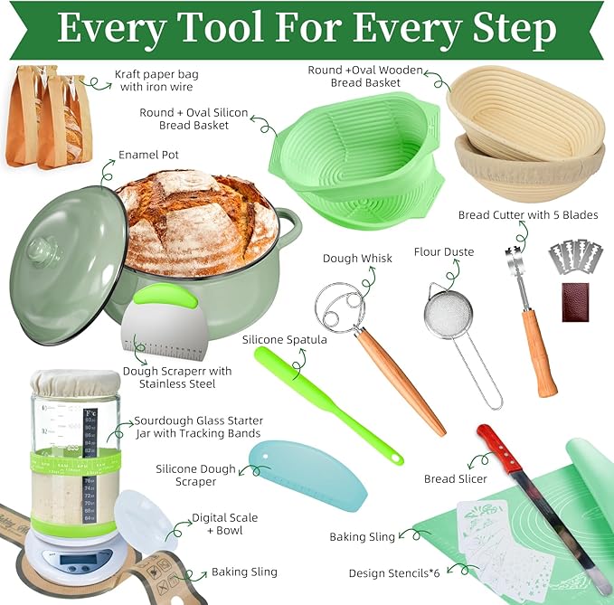 Sourdough Bread Baking Supplies with Pot, Complete Sourdough Starter Kit with Scale, 4 Bread Proofing Basket, 1200ml Starter Jar, Scraper, Bread Making Tools & More (Green)