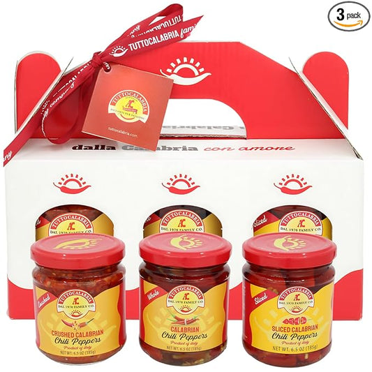 TUTTOCALABRIA Gift Set, Variety 3 Pack, Crushed, Sliced, Calabrian Chili Pepper Gift Set (3 Pack X 6.5oz) Non GMO, Product of Calabria, Italy