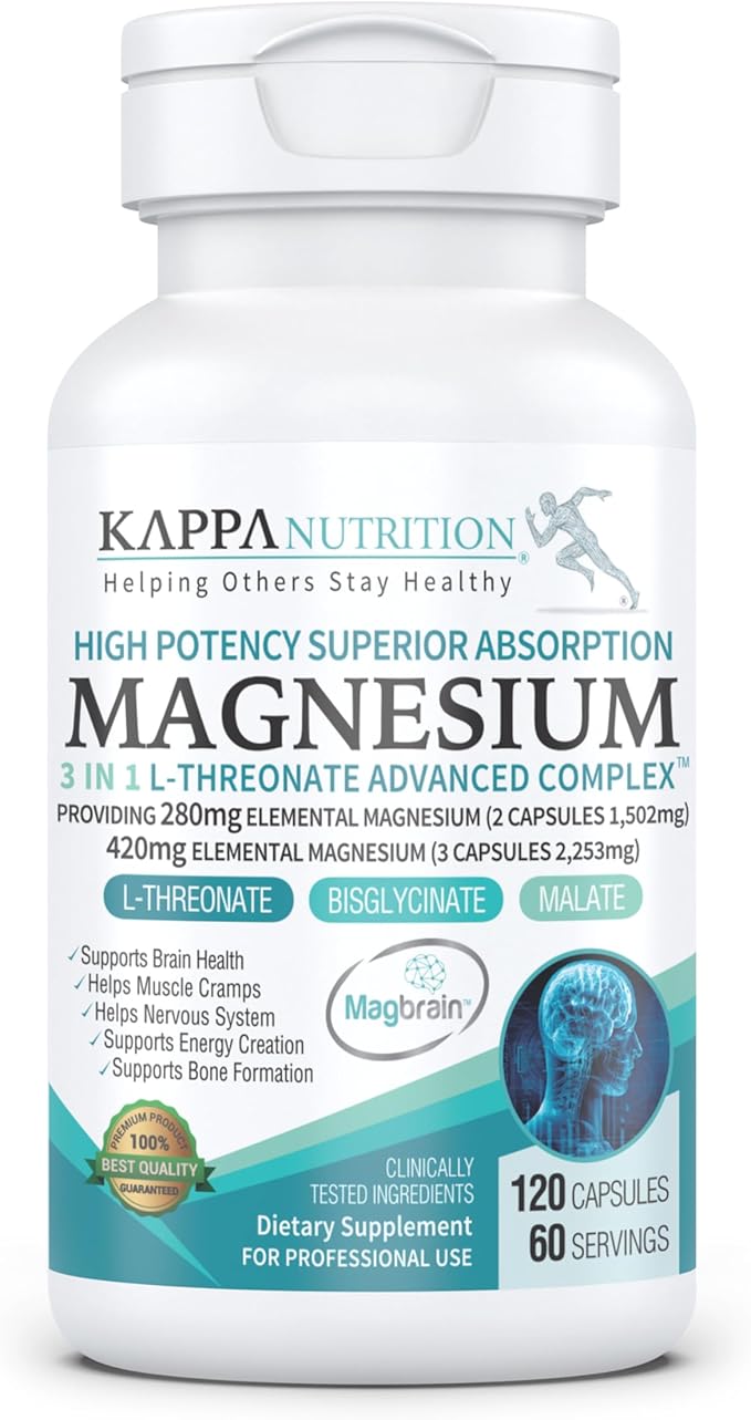 Kappa Nutrition Magbrain??Magnesium L-Threonate Plant-Based, 420mg Elemental Magnesium (3 Capsules) from 2,253mg, 120 Vegan Capsules, Brain, Sleep & Muscle Support.