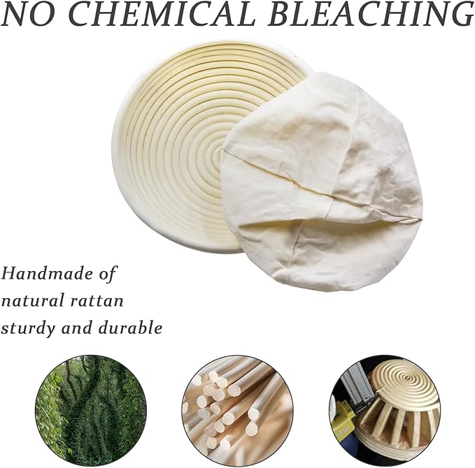 Round Sourdough Proofing Basket: Banneton 2-Pack Natural Rattan - Splinter-Free & Clien Liners for Artisan/Beginner Homemade Bread