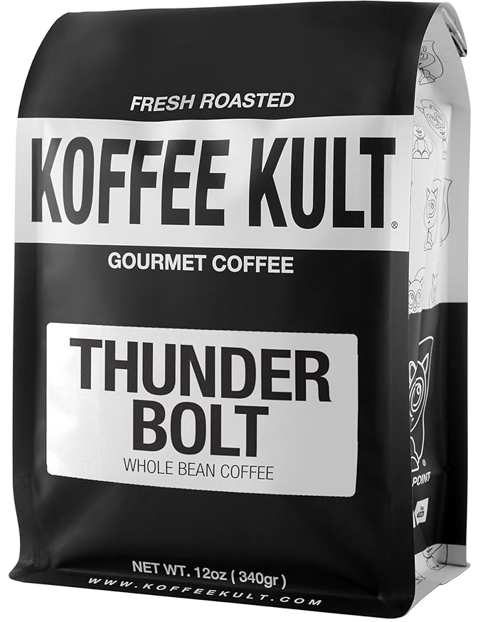 Koffee Kult Thunder Bolt - Whole Bean Coffee, Dark French Roast, 100% Arabica, Robust Blend, Bold Strong Artisan Flavor, 12oz Resealable Package