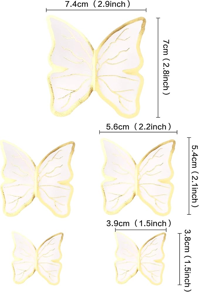 30pcs White Gold Edge Mixed Size Lively 3D Waterproof Butterfly Cupcake Topper for Girls Women's Happy Birthday Wedding Party Cake Wall Party Food Decorations