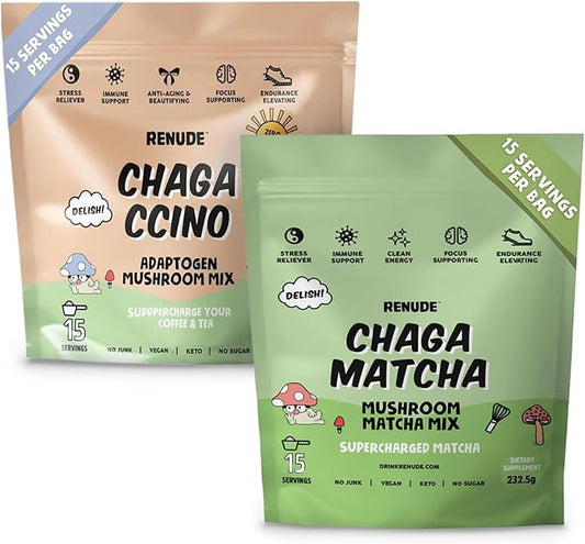 Renude Chaga Matcha and Chagaccino - Chaga Mushroom Powder for Coffee and Matcha, Mushroom Drink
