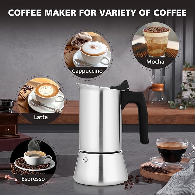 Stovetop Espresso Maker Stainless Steel Moka Pot, 4 cup Espresso Coffee Pots 200ml/7oz(Espresso Cup=50ml/1.7oz), Italian Coffee Maker for Induction Cookers Hobs, Cafe Maker for Camping Home