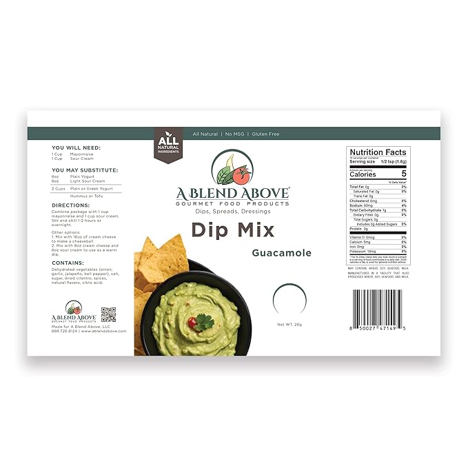 A Blend Above Guacamole Dip Mix, 3 Packs, 1 oz. Each, Makes 16 Ounces, Gluten-Free, No MSG, All Natural, No Preservatives, Vegan Friendly, Keto Friendly, Vegetable Dip, Chip Dip, Low Carb, Easy to Make