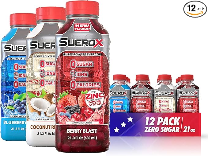 SueroX Zero Sugar Electrolyte Drink Patriotic Pack: Blueberry, Coconut, Berry Flavors. Sugar-Free