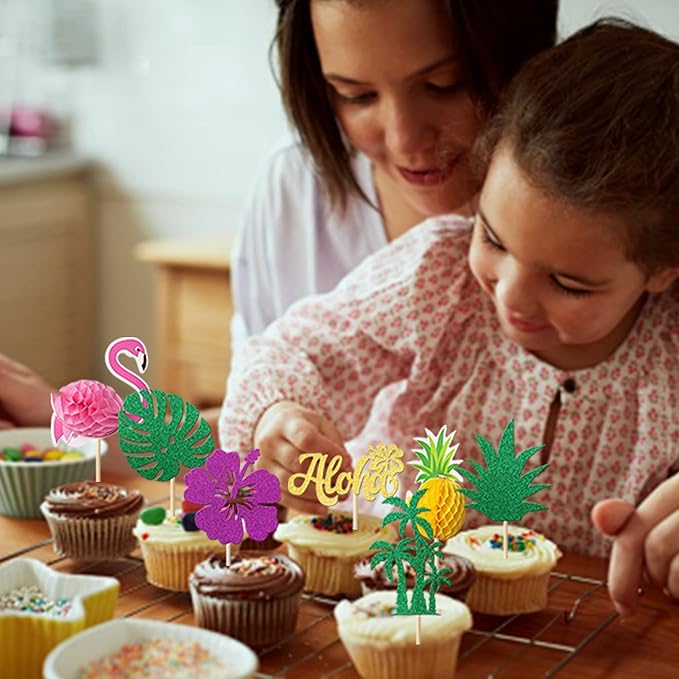 Rsstarxi 24 Pack Tropical Cupcake Toppers Glitter Leaf Pineapple Flamingo Cupcake Picks Aloha Hawaiian Luau Cake Decorations for Summer Aloha Theme Baby Shower Birthday Wedding Party Decor