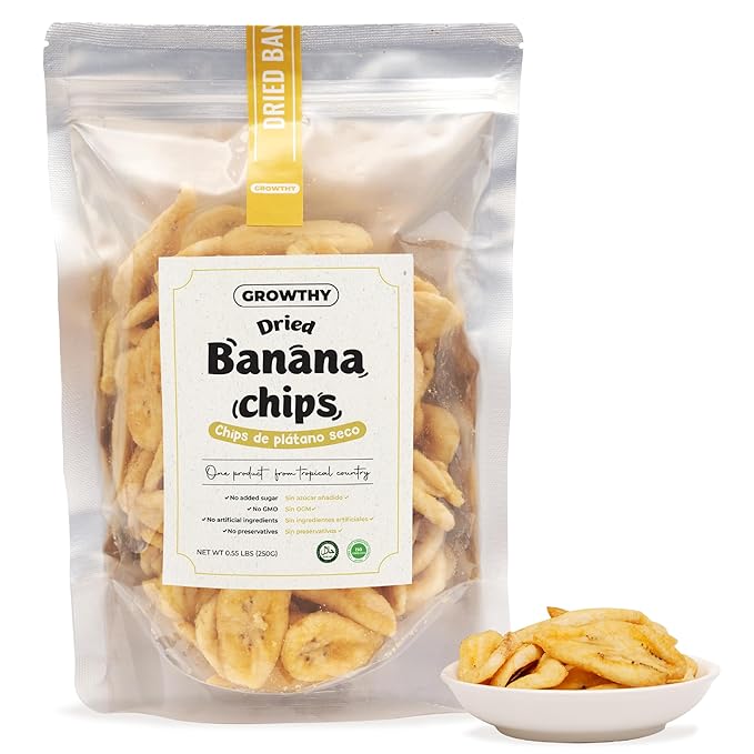 Growthy Dried Banana Chips Slices 250Grams, No Sugar Added, Crunchy Banana Snacks, Healthy banana chips For Kids And Adults, Vegan, None GMO, Low Sugar, Vitamin C,E, Keep Healthy