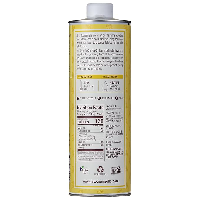 La Tourangelle, Organic Canola Oil, Expeller-Pressed Non-GMO Canola Seeds, Pesticide and Chemical Free, High Heat Neutral Cooking Oil, 33.8 fl oz