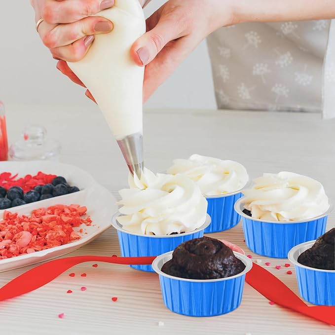 50 Pack Baking Cups with Lids, Aluminum Foil Cupcake Cups Muffin Liners, Disposable Foil Ramekins, Cupcake Holders Dessert Containers Mini Pudding Cups (Blue)