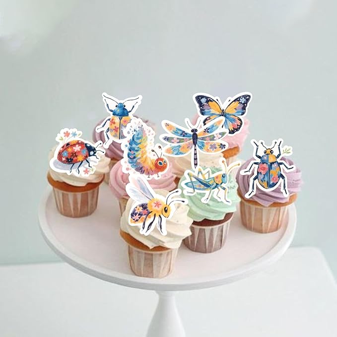 60 Pack Edible Green Caterpillar Cupcake Topper Wafer Paper Nature Insect Hungry Caterpillar Dragonfly Cupcake Picks Happy Birthday Anniversary Wedding Cake Decorations Party Color 1
