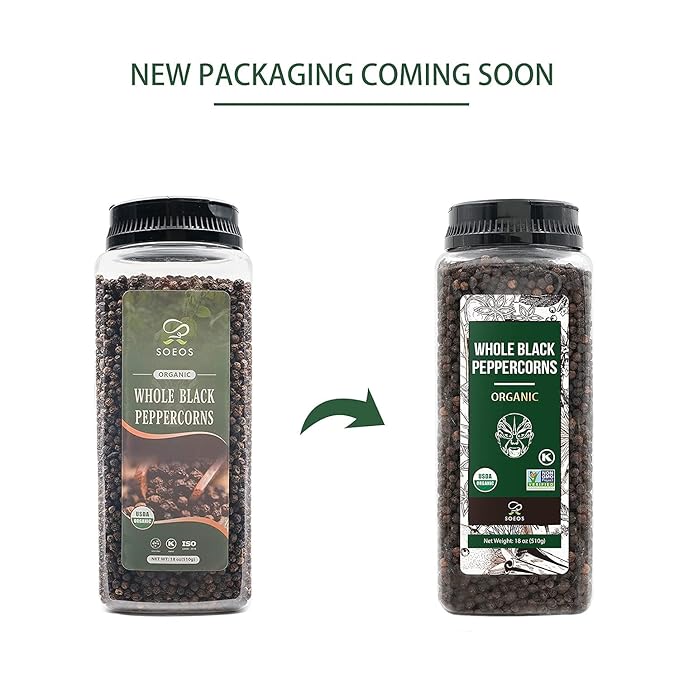 Soeos Organic Black Peppercorns, 18oz (Pack of 1), Non-GMO, Kosher, Packed to Keep Peppers Fresh, Peppercorn for Grinder Refill, Whole Peppercorns