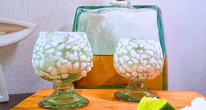 Authentic Mexican Tequila Hand Blown Shot Glasses - Set of 4-2 oz - Mini Glass Snifters - Heavy Base - Cognac (White Confetti)