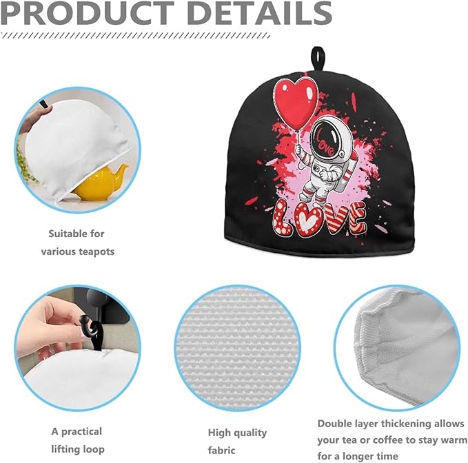Valentine's Day Tea Cozy for Teapot Insulated Love Astronaut Large Teapot Cover to Keep Warm Tea Kettle Cover Machine Washable Coffee Pot Cloth Covers Kitchen Home Decorations