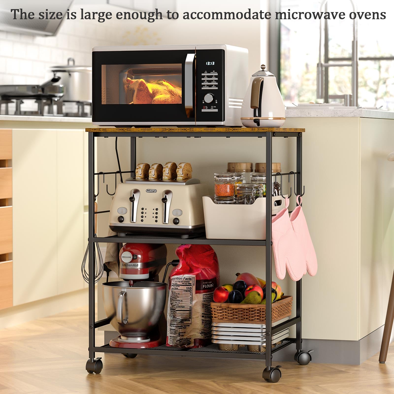 ThreeHio Rolling Kitchen Microwave Cart, 3 Tier Microwave Table Stand with Storage, Kitchen Utility