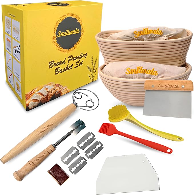 Set of 2 Banneton Bread Proofing Basket with linen Liner, 9" Round & 10" Oval bread basket with 9 Essential Bread Making Tools ??Rattan Sourdough Banneton Basket Kit for Baking Enthusiasts