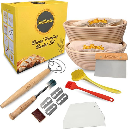 Set of 2 Banneton Bread Proofing Basket with linen Liner, 9" Round & 10" Oval bread basket with 9 Essential Bread Making Tools ??Rattan Sourdough Banneton Basket Kit for Baking Enthusiasts