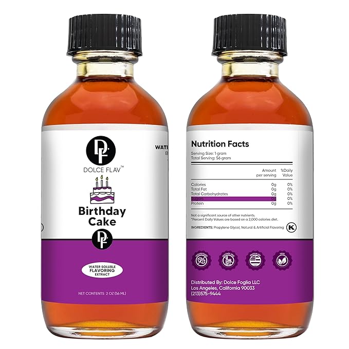 Dolce Flav Birthday Cake Extract ??2 Ounce Water-Soluble Kosher, Sugar-Free, Concentrated Festive Cake Flavoring for Frostings, Cupcakes & Desserts, Includes Measured Dropper