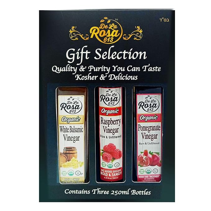 De La Rosa Organic Vinegar Gift Box, Raspberry, Pomegranate & White Balsamic Vinegar, Vegan, Kosher, Non-GMO & Gluten Free, Great for Salad Dressing, Marinades & More, 8.45 Oz (Pack of 3)