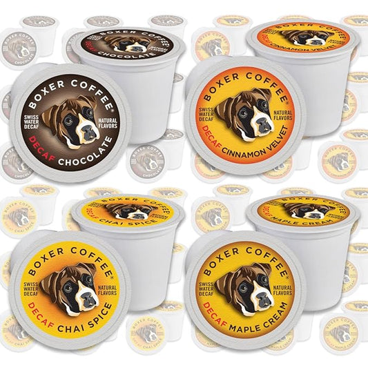 Boxer Coffee 48 Count Decaf Coffee Pods – Swiss Water Process, Medium Roast Variety Pack, Compatible with Keurig K-Cup Brewers, Single-Serve Cups Gourmet Artisan All-Natural Flavors