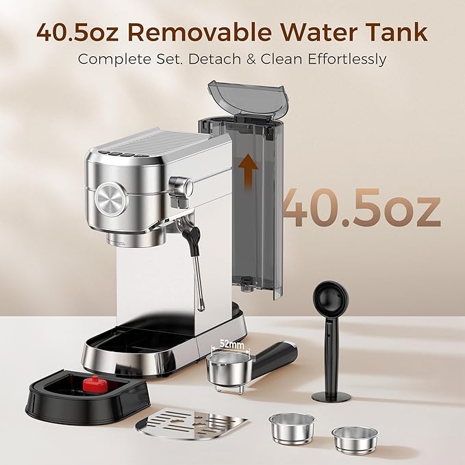 Kndko 20 Bar Espresso Machine, Professional Espresso Maker with Milk Frother Steam Wand, Compact Stainless Steel Coffee Machine with 40.5oz Removable Water Tank for Cappuccino, Latte